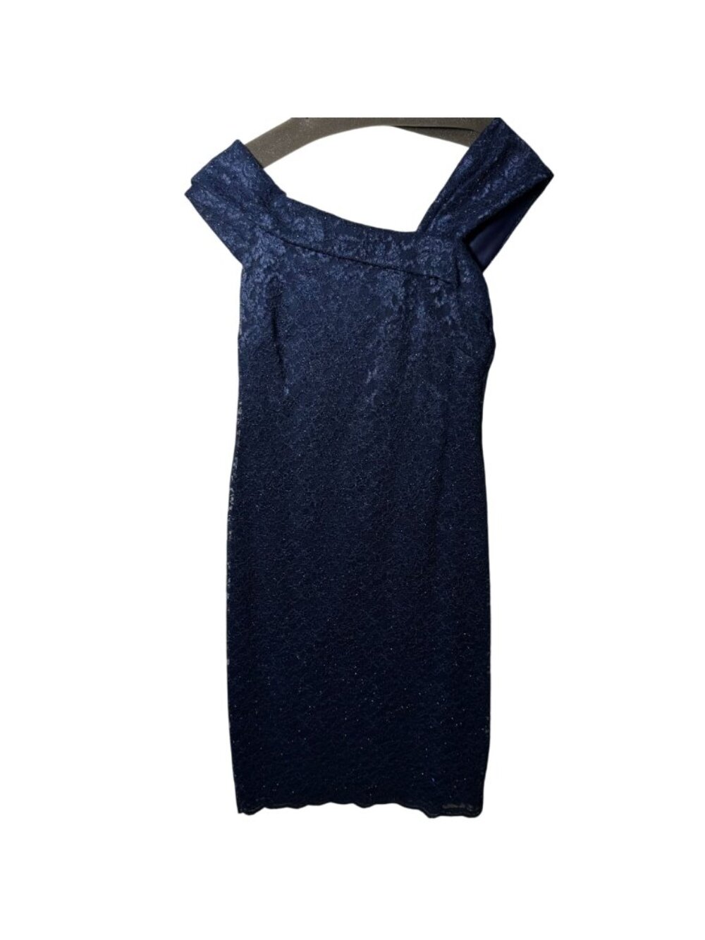 Vince Camuto Navy Shimmer Lace Draped Off Shoulder Cocktail Dress Womens Sz 10 - Picture 2 of 11